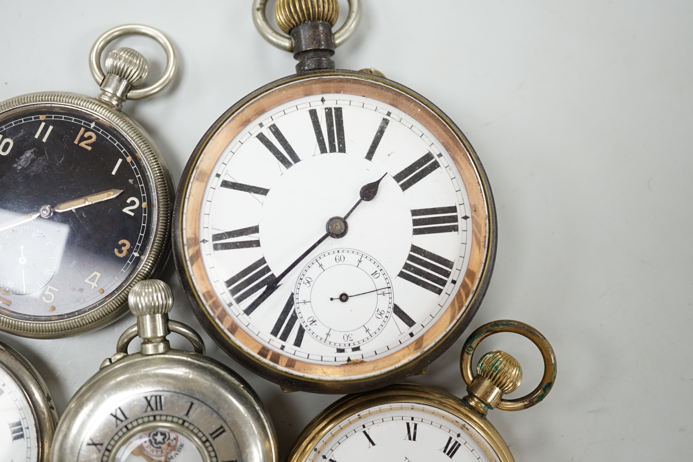 Eight assorted silver or base metal pocket watches including Goliath, Doxa and military black dial.